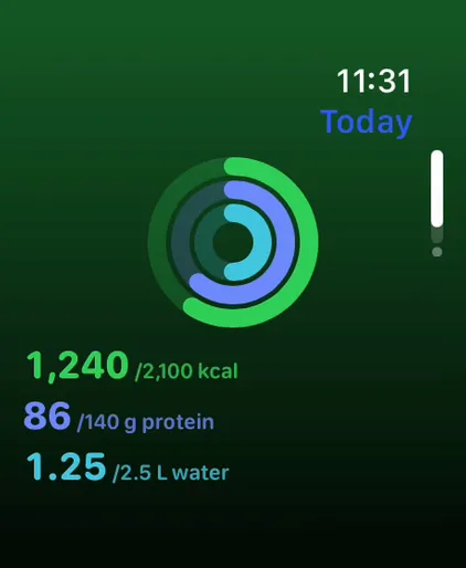 Life OS on Apple Watch: rings for calories, protein and water, with the amounts against their targets.