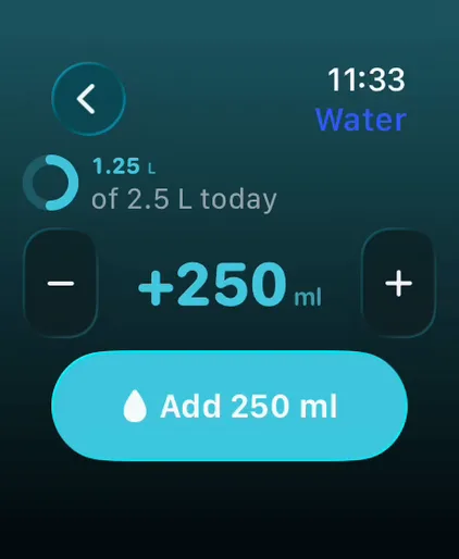 The Water screen of Life OS on Apple Watch.